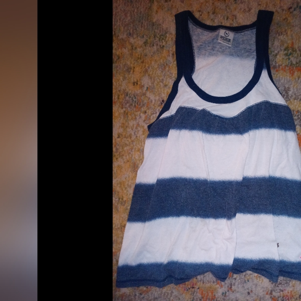 Victorias Secret PINK Stripe Tie Dye Tank Top Sleeveless Scoop Neck White Blue